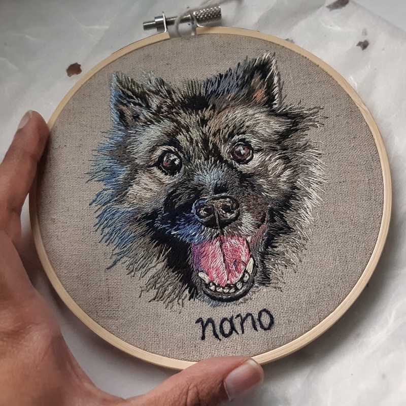 Hand embroidered pet portrait of a good girl