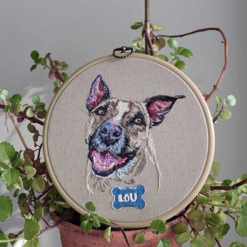 Hand embroidered pet portrait of a good boy who crossed the rainbow bridge